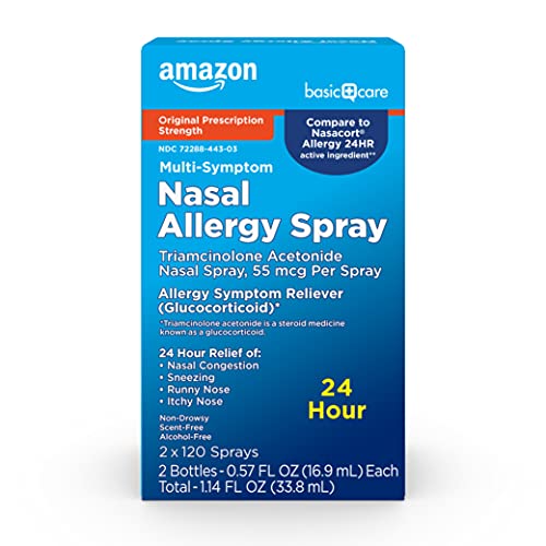 Amazon Basic Care Multi-Symptom, Triamcinolone Acetonide Nasal Allergy Spray, 55 mcg per Spray, White, 1.14 Fl Oz