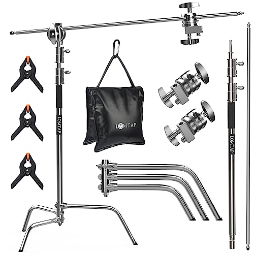 LOMTAP C Stand Light Stand Photography Kit - Heavy Duty 10.8ft/330cm Vertical Pole, 4.2ft/128cm Boom Arm, Upgraded Adjustable Base, Water Sandbag, 2 Grip Heads, 3 Clips - Stainless Metal Century Stand