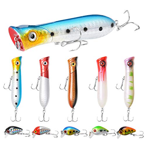 Top Water Fishing Lures Bass Hard Baits 3D Eyes Life-Like Swimbait Fishing Poppers with Tackle Box for Freshwater Saltwater (B-10pcs)