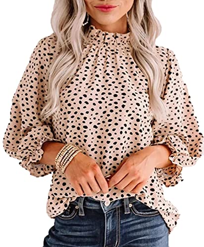 Avanova Women's Leopard Printed Ruffle Hem 3/4 Sleeve Mock Neck Elegant Work Blouses Top Beige Large