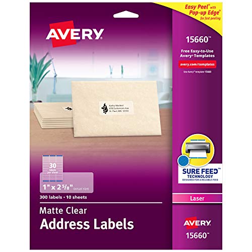 Avery Clear Easy Peel Address Labels for Laser Printers 1' x 2-5/8', Pack of 300 (15660)