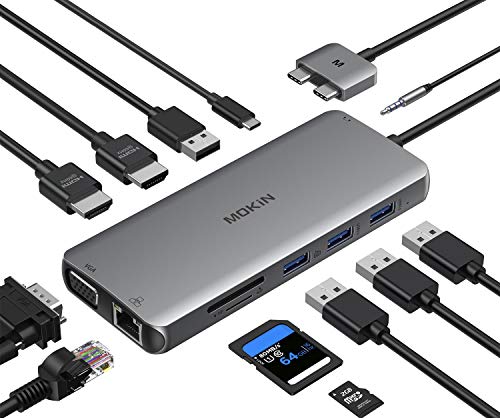 MacBook Pro Docking Station Dual Monitor HDMI Adapter,12 in 1 USB C Adapters for MacBook Pro Air Mac HDMI Dock Dongle Dual USB C to Dual HDMI VGA Ethernet AUX 4USB SD/TF100W PD