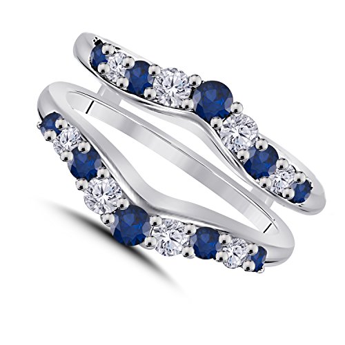 DS Jewels Women Wedding Band Enhancer Guard Ring 1/2 ctw Cubic Zirconia & CZ Blue Sapphire 14K Gold Plated in 925 Sterling Silver