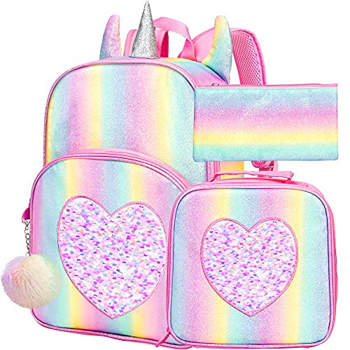 4PCS Unicorn Backpack for Girls, 14.5' Little Kids Sequin Preschool School Bookbag and Lunch Box