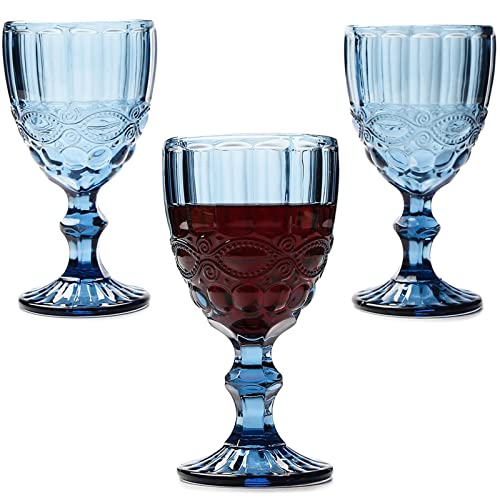 Taganov Blue Glasses Drinking Vintage Wine Glasses set of 3 Colored Glassware Water Goblets 10 oz Tinted Stemware Pretty Cups 300 ml for Wedding Party