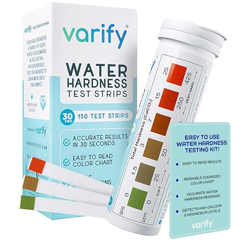 Varify Water Hardness Test Kit - Water Testing Kit for Home, Drinking, Well, Spa, Swimming Pool, Softener, Dishwasher & More - Hard Water Test Strips for Calcium, Magnesium etc (0-425 pmm, 150 Strips)