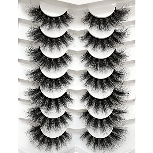 Pooplunch False Eyelashes Cat-Eye Fluffy Faux Mink Lashes 8D Wispy Lashes 7 Pairs Pack Dramatic Long Thick Volume Fake Eye Lash Multipack