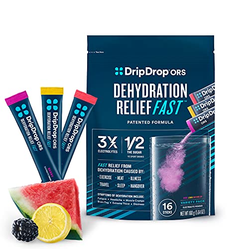 DripDrop ORS - Electrolyte Powder For Dehydration Relief Fast - For Workout, Sweating, Illness, & Travel Recovery - Watermelon, Berry, Lemon Variety Pack - 16 x 5.64 Oz Servings