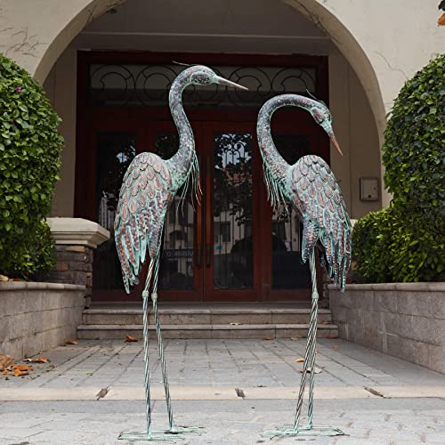 Kircust Garden Crane Statues, Standing Metal Patina Heron Decoy Outdoor Statue, 42-46 Inch Bird Yard Art for Patio Lawn Pond, Set of 2