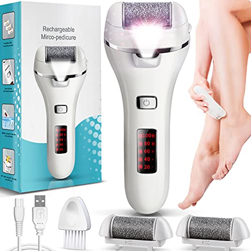 Electric Foot Files, Callus Remover for Feet Rechargeable Pedicure Tools with 3 Coarse Roller Heads, LED Light, 2 Speeds for for Cracked Heels and Dead Skin