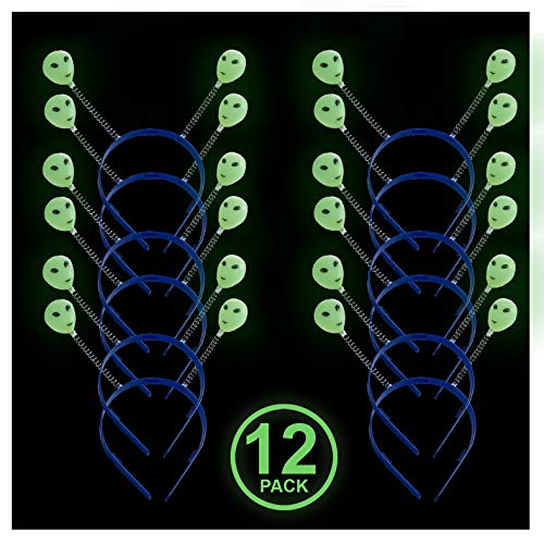 Funny Party Hats Alien Headbands- 12 Pack Antenna Headbands- Alien Boppers with Special Glow in The Dark Effect- Outer Space Party Favors
