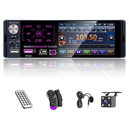 Single Din Car Radio with 4.1 Inch Touch Screen Multimedia Car Stereo Bluetooth Audio and Hands-Free Calling Car MP5 Player AUX Input USB Port AM/FM/RDS Radio Receiver +Reverse Camera, Rear Microphone