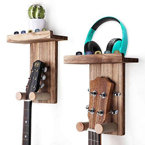 Keebofly 2 Pack Guitar Wall Hanger Holder/Shelf with Pick Holder, Wood Rack for Acoustic or Electric Guitar,Ukulele,Bass,Mandolin Brown,[Patented]