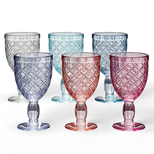 KooK Multi Colored Glass Goblets, Vintage Drinking Glasses, Beverage Cups, for Iced Tea, Wine, Soda, Water and Juice, Kitchen and Bar, 10 oz, Set of 6