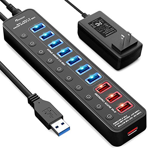 Apanage Powered USB 3.0 Hub, 11 Ports USB Hub Splitter (7 High Speed Data Transfer Ports + 4 Smart Charging Ports) with Individual On/Off Switches and 48W Power Adapter for Mac Pro/mini, PC, HDD, Disk