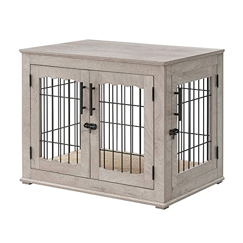 beeNbkks Furniture Style Dog Crate End Table, Double Doors Wooden Wire Dog Kennel with Pet Bed, Decorative Pet Crate Dog House Indoor Medium and Large