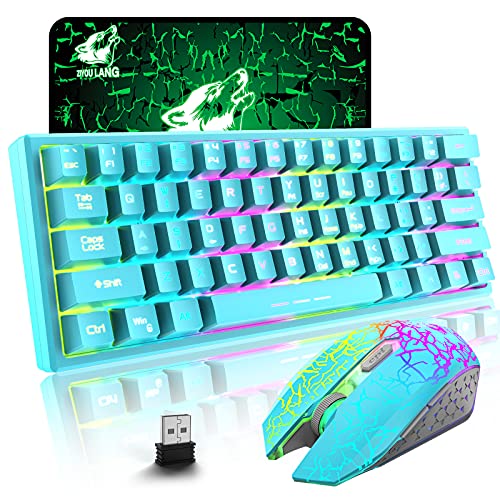 ZIYOU LANG T61 Wireless Gaming Keyboard and Mouse Combo with Ergonomic 61 Key Rainbow LED Backlight Anti-ghosting Mechanical Feel Rechargeable 4000mAh Battery Mouse Pad for PC MAC Gamer Typists(Blue)