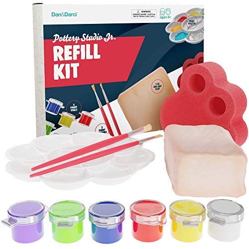 Pottery Studio Refill Kit - Kids Pottery Clay Set - Includes: 1 Lb. Air-Dry Clay, Sponge, 6 Color Vials, 2 Paintbrushes, Paint Palette Instruction Guide - Works with All Brands Pottery Wheels