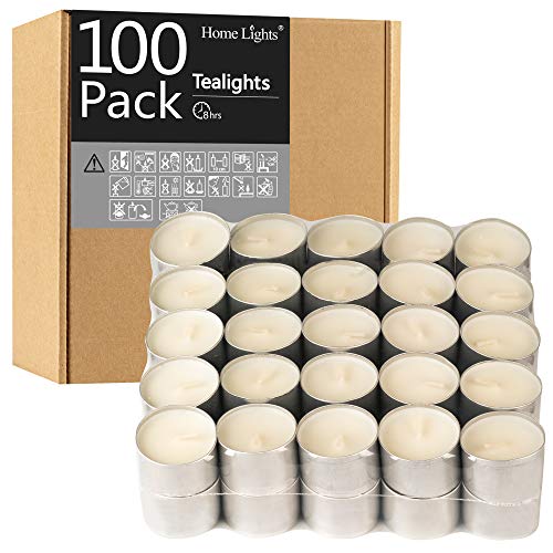 HomeLights Tealight Candles - 8 Hour Long time Burning, Giant 100,200,300 Packs -White Smokeless European Tea Light Unscented Candles for Shabbat, Weddings, Christmas,Home Decorative -100 Pack