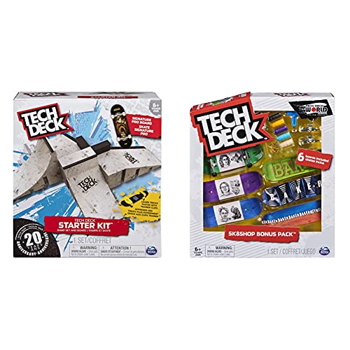 Tech Deck - Starter Kit - Ramp Set with Exclusive Board and Trainer Clips & Sk8shop Fingerboard Bonus Pack, Collectible and Customizable Mini Skateboards (Styles May Vary)