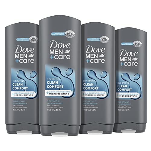 Dove Men+Care Body and Face Wash Clean Comfort 4 Count for Healthier and Stronger Skin Effectively Washes Away Bacteria While Nourishing Your Skin, 18 oz