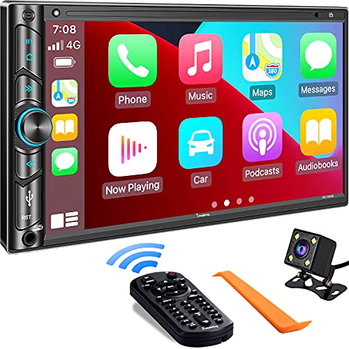 Double Din Car Stereo Compatible with Voice Control Apple Carplay - 7 Inch HD LCD Touchscreen Monitor, Bluetooth, Subwoofer, USB/SD Port, A/V Input, AM/FM Car Radio Receiver, Backup Camera