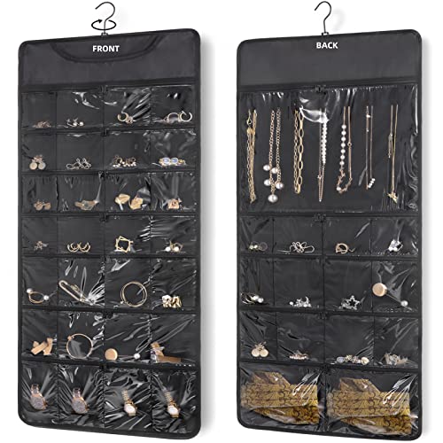 FOREGOER Hanging Jewelry Organizer with Zipper Pocket Double Sided 43 Pockets Large Necklace Earring Accessory Holder Organizer(Black)