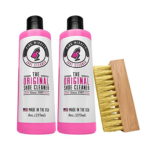 Pink Miracle Shoe Cleaner Kit Fabric Cleaner for Leather, Whites and Nubuck Sneakers Two Pack (Two Bottles/One Brush)