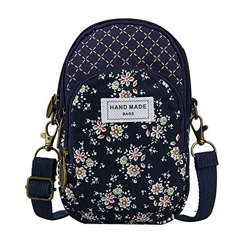 Small Cell Phone Purse, Techcircle Canvas Floral Crossbody Bag Zip Wallet Pouch with Adjustable Shoulder Strap for iPhone 13 12 11 Pro, Galaxy S21 S20 S10+, OnePlus Nord 2, Moto G7 G8 Power, Dark Blue