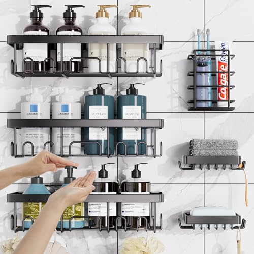 Veken Shower Caddy 6 Pack,Adhesive Bathroom Shower Organizer for Bathroom Storage&Home Decor&Kitchen,No Drilling,Large Capacity, Rustproof Stainless Steel Shower Shelves Rack for Inside Shower, Black