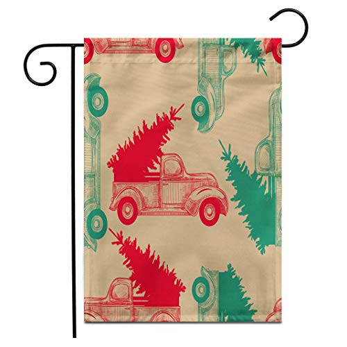 Adowyee 28'x 40' Garden Flag Rchristmas Truck with Christmas Tree on Craft Paper Rvintage Pattern Hand Drawn Outdoor Double Sided Decorative House Yard Flags
