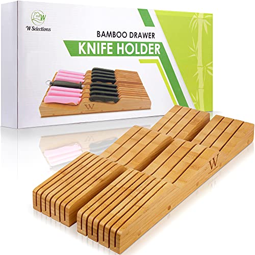 W Selections Bamboo Knife Drawer Organizer Insert - Kitchen Storage Holder for [14~20 Knives & 1~2 Knife Sharpener] Organization - Saves Countertop Space & Made of Premium Quality Moso Bamboo