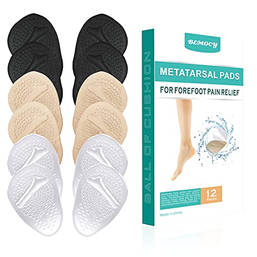(12PCS) Ball of Foot Cushions, Metatarsal Pads/Cushion, Soft Gel Insole Pads High Heel Inserts Reusable Forefoot Cushions Best for Mortons Neuroma and Metatarsal Foot Pain Relief for Men and Women