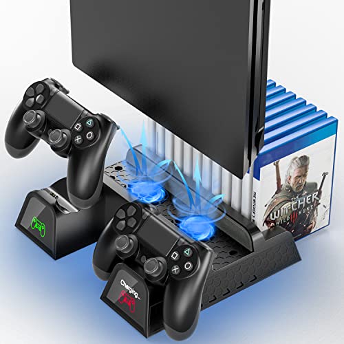 PS4 Stand Cooling Fan Station for Playstation 4/PS4 Slim/PS4 Pro, OIVO PS4 Pro Vertical Stand with Dual Controller EXT Port Charger Dock Station and 12 Game Slots