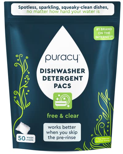Puracy Dishwasher Pods, 50 Count, Natural Detergent, Free & Clear Enzyme-Powered Automatic Dishwasher Pod, Spot and Residue-Free Dish Tabs, 2-in-1 Soap and Rinse Aid