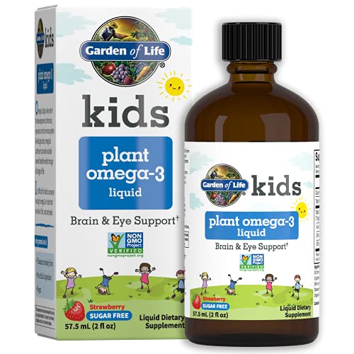 Garden of Life Plant Omega-3 Ala, Dha & Epa Supplement for Children -Liquid, Strawberry - Vegan Brain & Eye Support for Kids, Sugar Free & Non-GMO - 2 Fl Oz