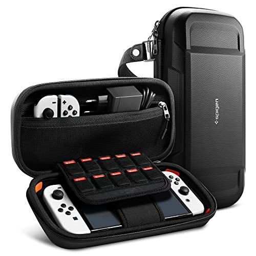 Spigen Rugged Armor Pro Designed for Nintendo Switch OLED Model 2021/Switch 2017 Joy Con Controller Accessories and AirTag Holder Protective Portable Travel Storage Game Carrying Case - Black