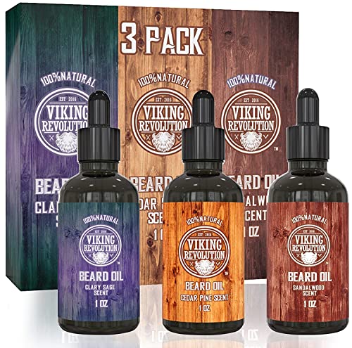 Viking Revolution Beard Oil Conditioner 3 Pack - All Natural Variety Set - Sandalwood, Pine & Cedar, Clary Sage Conditioning and Moisturizing for a Healthy Beard