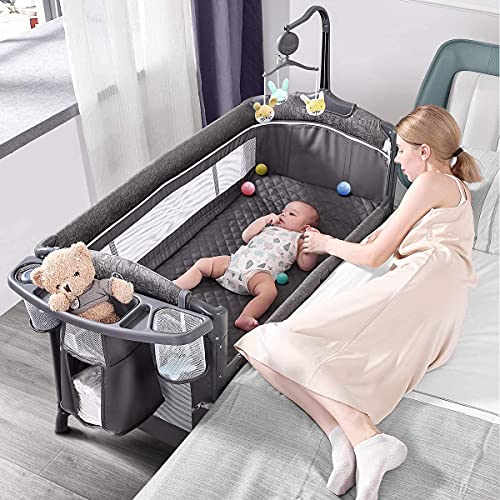 ADOVEL Baby Bassinet Bedside Crib, Pack and Play with Mattress, Diaper Changer and Playards from Newborn to Toddles, Grey