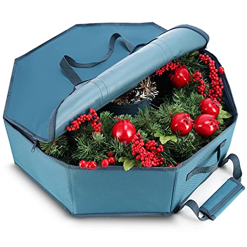 Hearth & Harbor Wreath Storage Container - Hard Shell Christmas Wreath Storage Bag With Interior Pockets, Dual Zipper And Handles - 30' Premium Wreath Storage Organizer Box