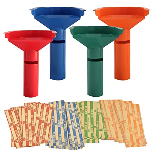 252 Coin Wrappers with Coin Sorter Tubes - Funnel Shaped Color-Coded Coin Counter Stacking Roll Sorting Tubes