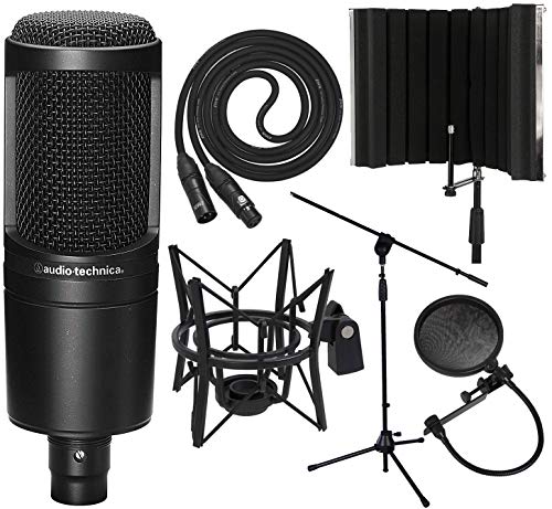 Audio-Technica AT2020 Cardioid Condenser Microphone with XLR Cable, Spider Microphone Shockmount, Isolation Shield
