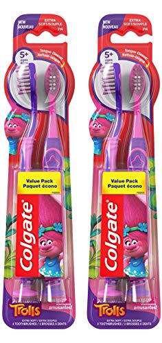 Colgate Kids Toothbrush, Trolls, Extra Soft Toothbrush with Suction Cup, 4 Pack