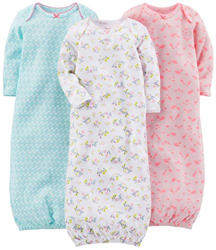 Simple Joys by Carter's Baby Girls' Cotton Sleeper Gown, Pack of 3, Blue Ducks/Pink Animal/White Floral, 0-3 Months