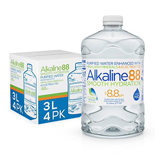 Alkaline88 Purified, Ionized Alkaline Water, 3-Liter bottles, 4 Pack - Himalayan Minerals & Electrolytes, Smooth Taste, 8.8 pH Bottled Water, BPA-free