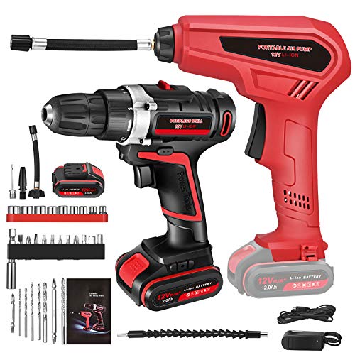 Cordless Drill Set and Tire Inflator Air Compressor Combo Kit for Home Projects, Variable Speed Impact Drill Set with Portable Air Compressor Pump, 2Ah Battery & 33 Pcs Accessories