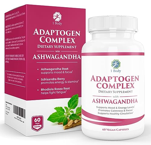 1 Body Adaptogen Complex Supplement with Ashwagandha - Mood, Focus and Energy Support Supplement for Men and Women - 60 Vegan Capsules