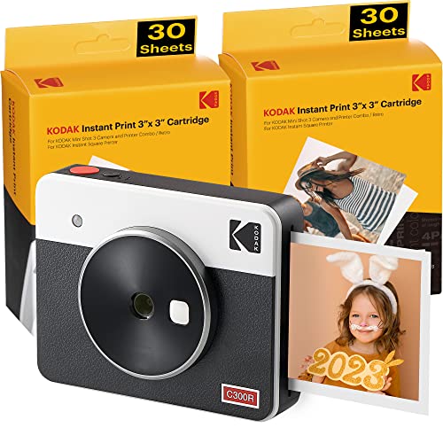 Kodak Mini Shot 3 Retro (60 Sheets) 3x3 2-in-1 Portable Wireless Instant Camera & Photo Printer, Compatible with iOS, Android & Bluetooth, Real Photo HD, 4PASS Technology & Laminated Finish – White