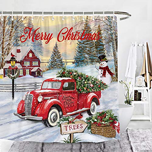 Wencal Merry Christmas Red Vintage Truck Shower Curtain Tree Winter Snow Snowman Rustic Retro Farmhouse Bathroom Decor 72 x72 Inches