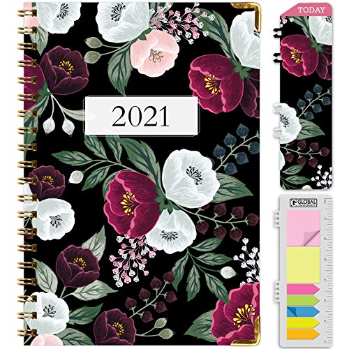 HARDCOVER 2021 Planner: (November 2020 Through December 2021) 5.5'x8' Daily Weekly Monthly Planner Yearly Agenda. Bookmark, Pocket Folder and Sticky Note Set (Black Floral 2)